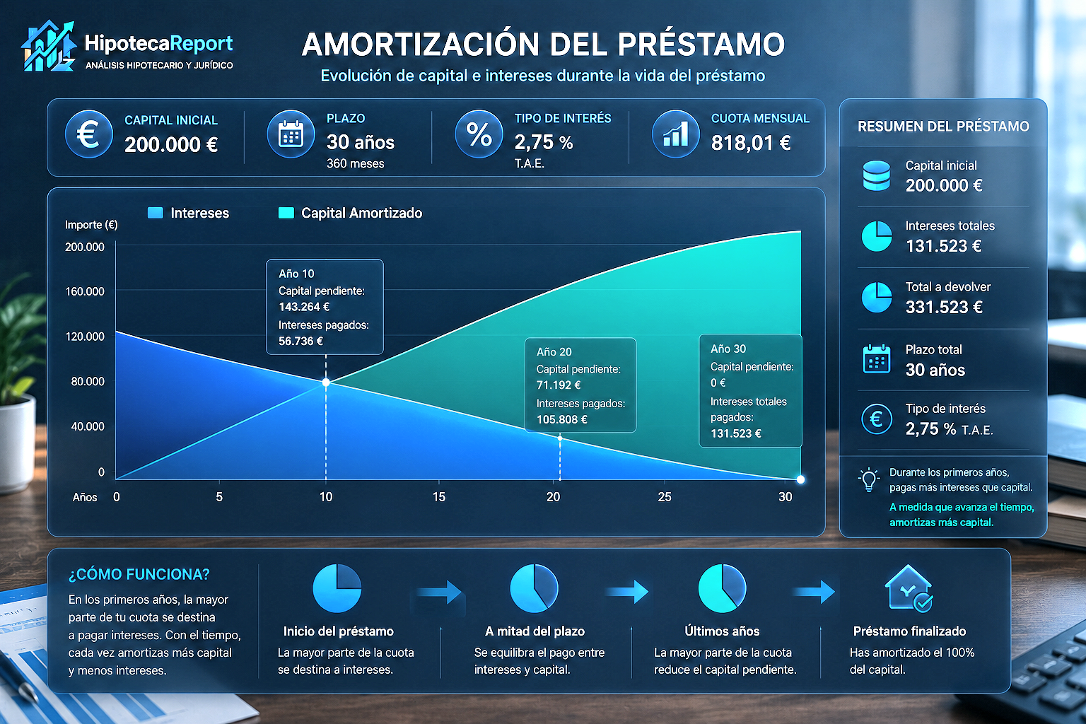 Sistema de amortización con capital e intereses representados en gráficos claros