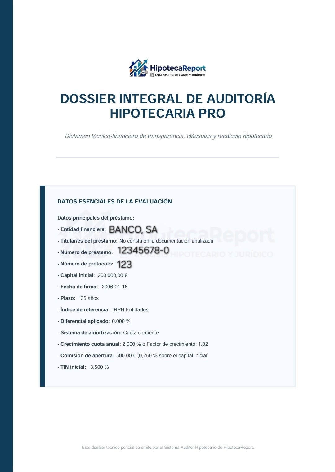 Dossier PRO de auditoría hipotecaria generado por HipotecaReport