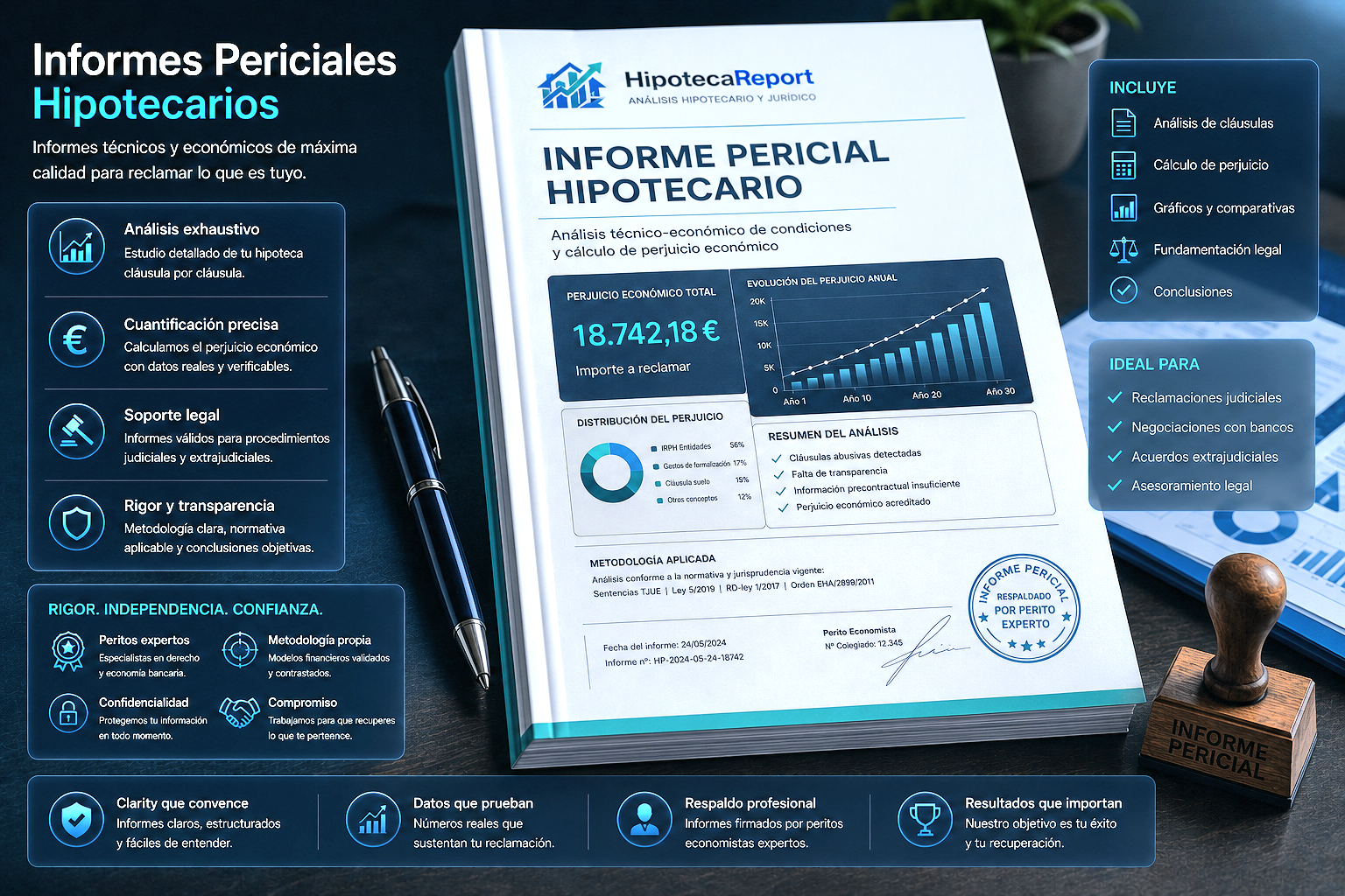 Informes periciales hipotecarios con tablas, gráficos y documentación técnica